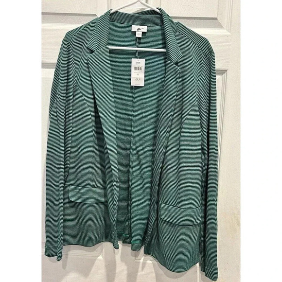 J. Jill Womens Jacket Blazer Size Medium Navy Blue Green Stripe Linen Blend‎ NWT - Picture 1 of 7